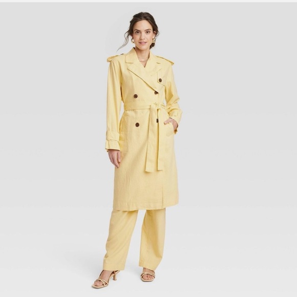 a new day Jackets & Blazers - A New Day Women's Button Up Linen Trench Coat Jacket Yellow Linen/Rayon Pockets